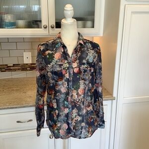 Emily Van Den Bergh Blue Floral Blouse EU 38  Button Up Semi Sheer
